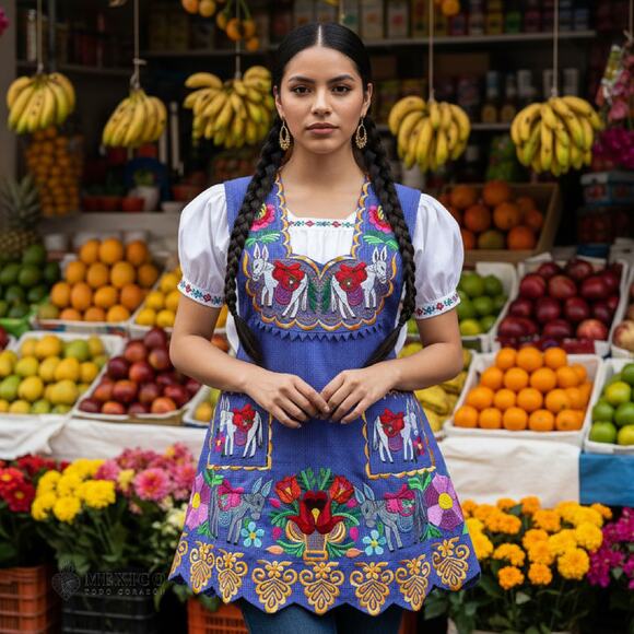 Mexican Folkloric apron embroidered  one of a kind mexico todo corazon  SMALL - Picture 2 of 11